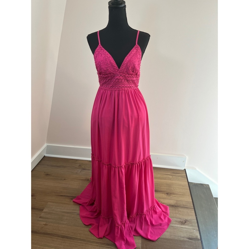 Southern Fried Chics Hot Pink Crochet Lace Tiered Maxi Dress NWT Large Boho Gown